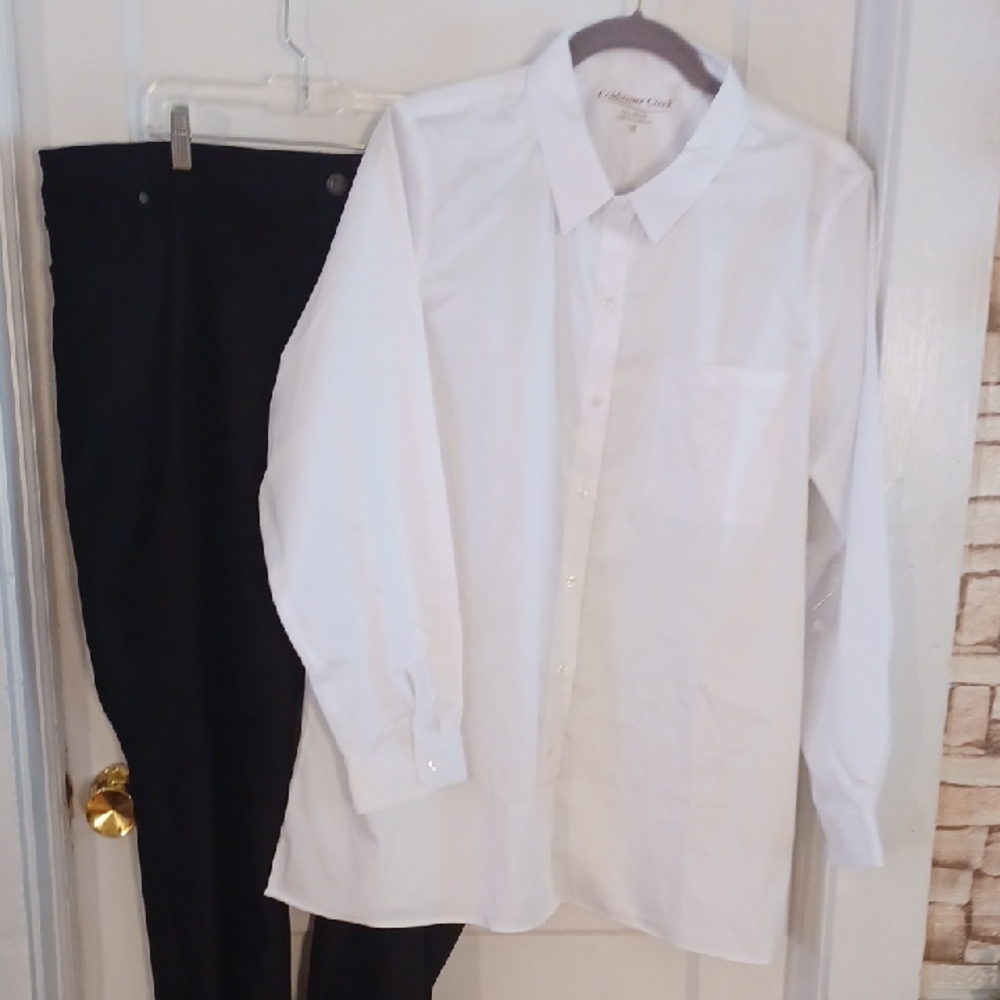 Coldwater Creek White Dress Blouse Classic Long-Sleeve, Black Pants Size 18, 18W